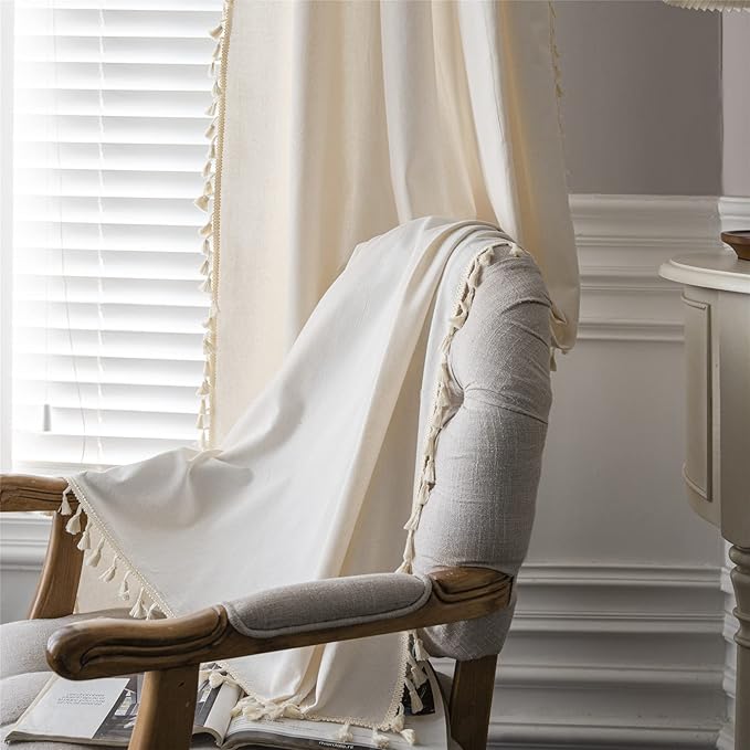 Sutuo Home Boho Curtain with Handmade Tassels, Rod Pocket Window Treatment Vintage Rustic Bohemian French Farmhouse Semi-Blackout Solid Drape for Bedroom, 1 Panel 59" W x 84" L,Cream White-Ruum Studio Home