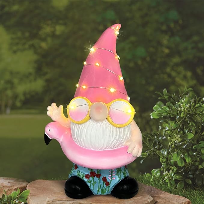 BAYN Garden Gnome Statues Outdoor Decor, Solar Powered Outdoor Gnome with Flamingo Swimming Decorative Yard Garden Lights Art Gifts with 11 Warm White LEDs-Ruum Studio Home