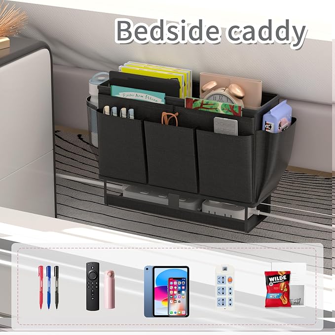 Bedside Caddy, Bed Organizer with 11 Pockets and Power Strip Holder,Versatile Bedside Storage Caddy for Home,Dorm,Bunk,Hospital,Crib Bed (Black)-Ruum Studio Home