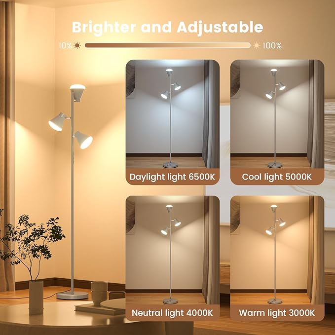 36W LED Tree Floor Lamp, Dimmable Tall Standing Lamp with Remote & Touch Control, 4 Color Temperatures Bright Floor Lamp, 3 Rotatable Light Modern Floor Lamps (Silver Gray)-Ruum Studio Home