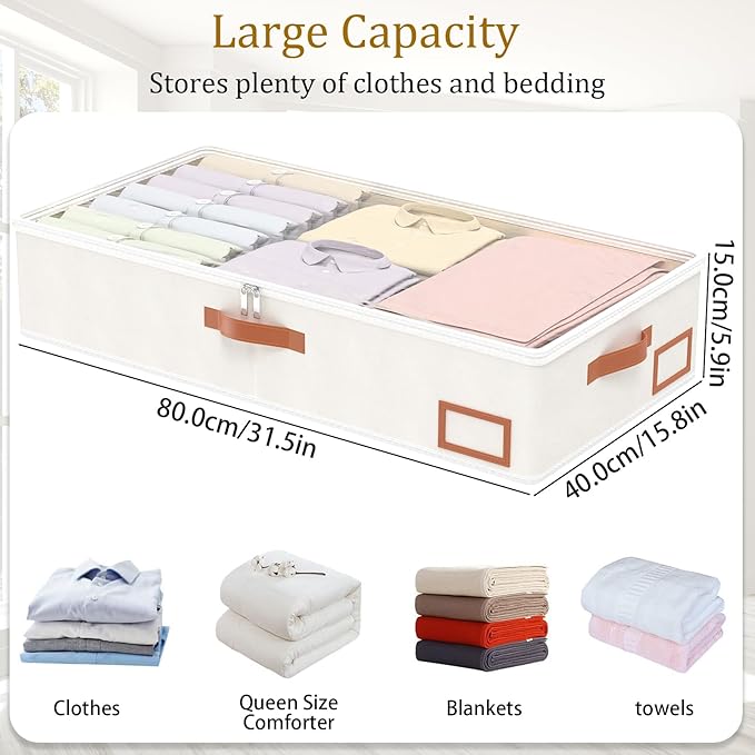 Yawinhe Under Bed Storage Containers, 2 Pack, Bin with Lids, Collapsible Closet Organizers, with Sorting Card Slot and 4 Leather Handles, for Blanket, Bedding, 31.5''Lx15.7''Wx6''H, Beige-Ruum Studio Home