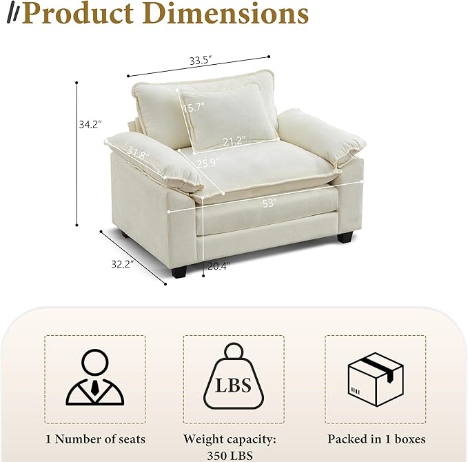 URRED Modular Sectional Sofa Comfy Cloud Couch, Modern Chenille Sofa Sleeper Deep Seat Couches with Ottoman/Pillows for Living Room (White, 53'')-Ruum Studio Home