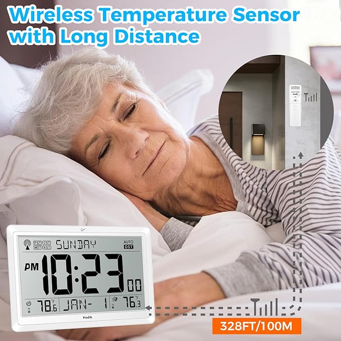 Wall Clock Atomic with Indoor Outdoor Temperature Battery Powered, Easy Reading with 10.5 Inch Large LCD Display, 330FT Range Table Wall Clock with DST, 12/24 Hour for Living Room Kitchen (White)-Ruum Studio Home