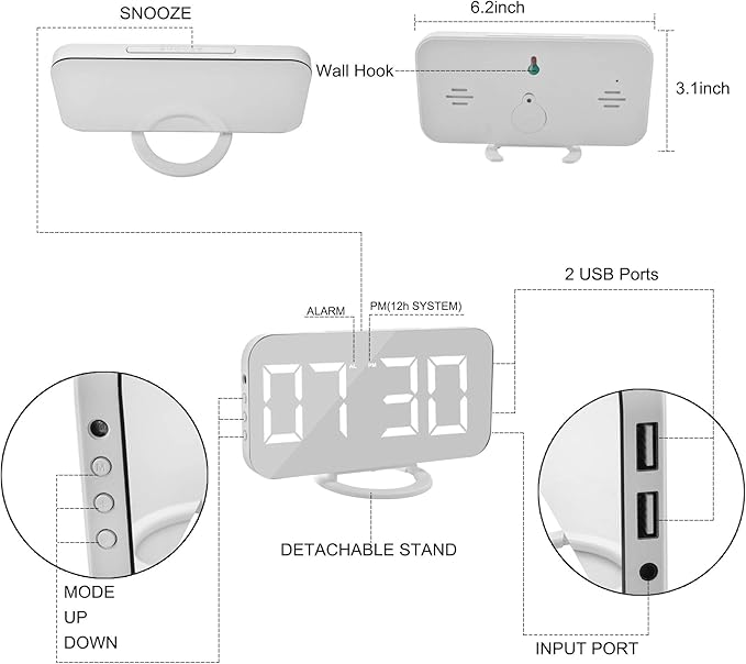SZELAM Digital Clock Large Display, LED Electric Alarm Clocks Mirror Surface for Makeup with Diming Mode, 3 Levels Brightness, Dual USB Ports Modern Decoration for Home Bedroom Decor-White (001)-Ruum Studio Home