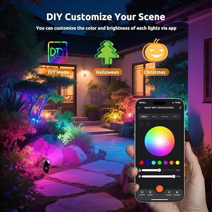 Smart RGBW Spot Lights Outdoor, 8 Pack Low Voltage Landscape Lighting with APP & Remote Control, Waterproof and Timing, Color Changing Outdoor spot Lights for Yard Halloween Christmas Decorations-Ruum Studio Home