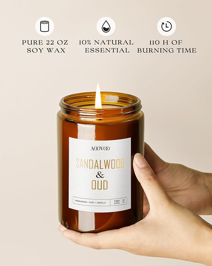 AOOVOO Sandalwood Oud Candle - Large Scented Candles 22oz, Soy Candles, Aromatherapy Candle, Soy Wax Candle-Ruum Studio Home
