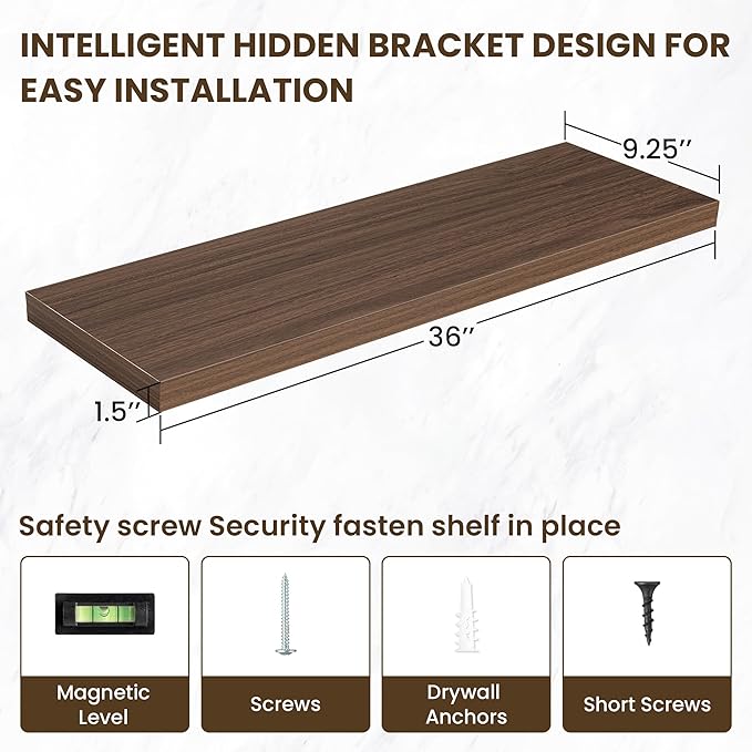 36 Inch Floating Shelves, 12 Inch Deep Floating Shelves for Wall, Floating Shelf with Invisible Brackets, Deep Shelves for Bathroom, Bedroom, Living Room, 2 Pack, Walnut-Ruum Studio Home