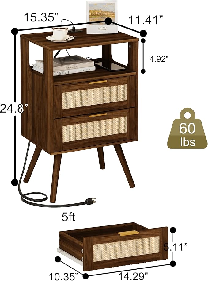 Rattan Nightstand with Charging Station,Modern Bedside Table with 2 Storage Drawer and Open Wood Shelf, for Bedroom and Small Spaces,Night Stand with Solid Wood Legs (Walnut Brown)-Ruum Studio Home