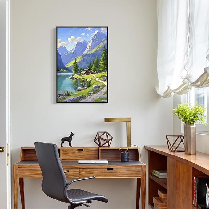 Landscape wall painting of mountain forest lakeside cabin under blue sky and white clouds natural oil painting poster suitable for living room bedroom office-Ruum Studio Home
