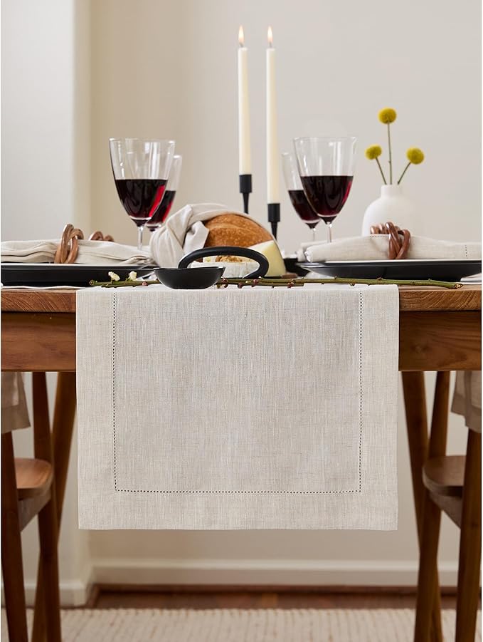 Solino Home Linen Table Runner 108 Inches Long - Classic Hemstitch 100% Pure Linen Light Natural Dining Table Runner 14 x 108 Inch for Fall, Autumn, Thanksgiving-Ruum Studio Home