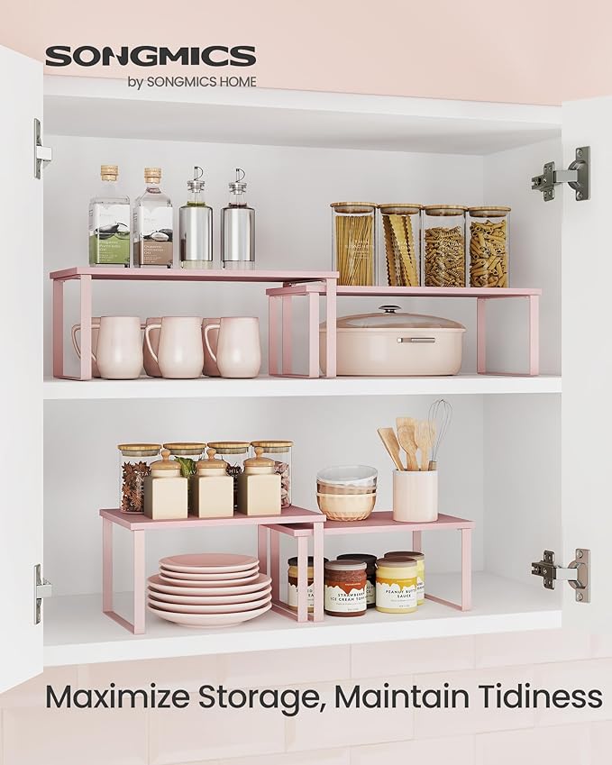 SONGMICS Cabinet Organizer Shelf, Set of 2 Kitchen Counter Shelves, Kitchen Storage, Spice Rack, Stackable, Expandable, Metal and Engineered Wood, Jelly Pink UKCS020S01-Ruum Studio Home