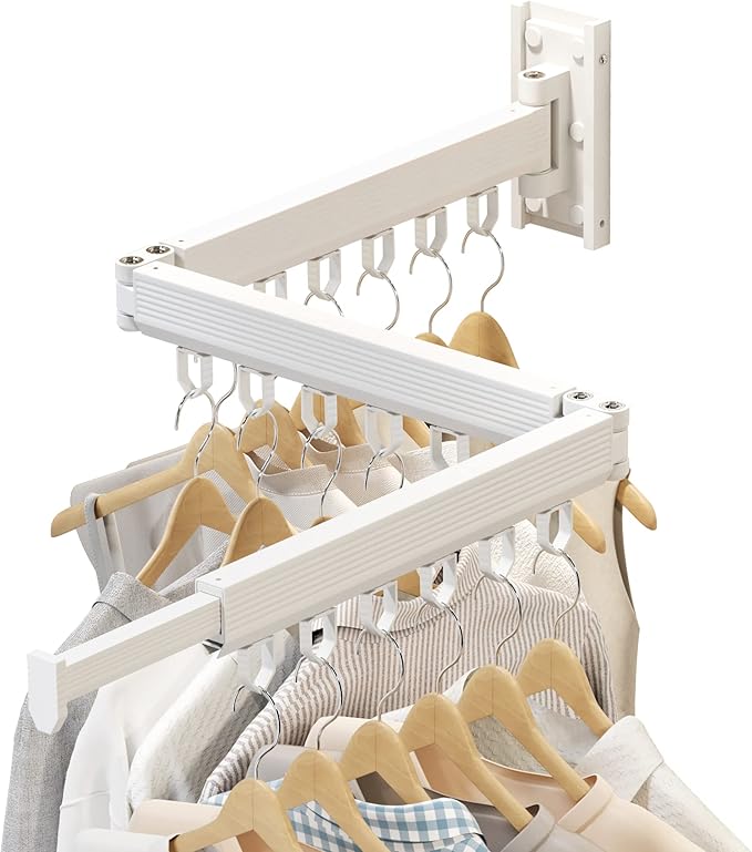 Wall Mounted Clothes Drying Rack, Retractable Laundry Rack for Hanging Clothes, Collapsible, Foldable, White-Rings-Ruum Studio Home