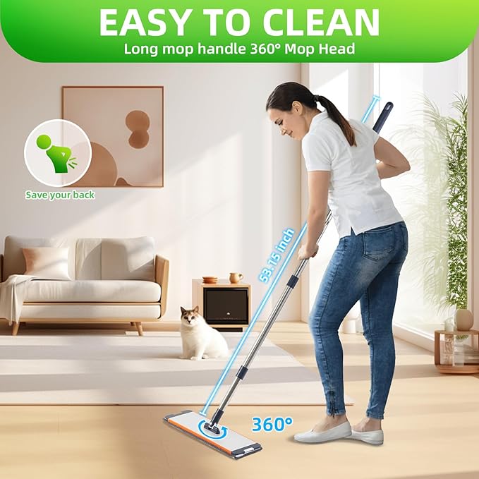 Mop and Bucket Set with Wringer for Home, 360° Flat Squeeze Mop with Long Handle and 6 Microfiber Cloths for Floor Cleaning (White+Blue, Slim Bucket and 15.7'' Aluminum Alloy Mop Head)-Ruum Studio Home