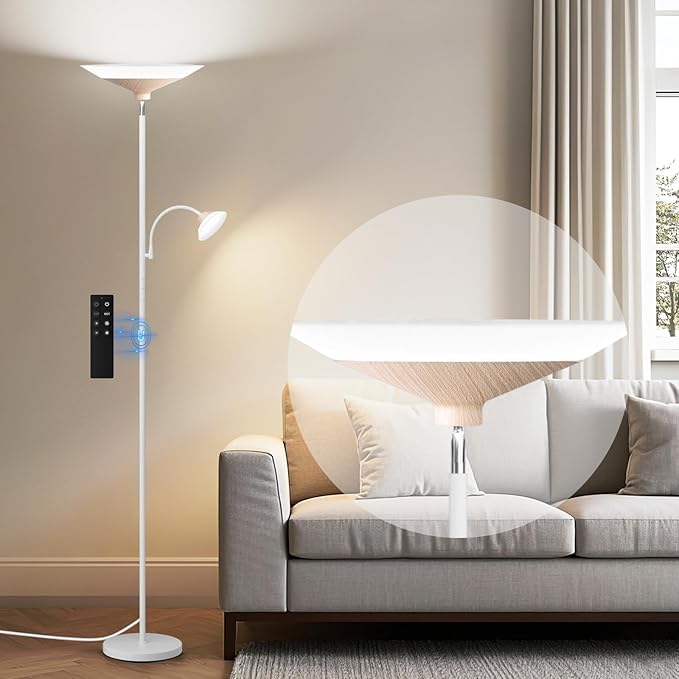 Torchiere Floor Lamp with Wood Grain Shade, 72" Dimmable LED Standing Lamp with Remote, 2-in-1 Floor Reading Lamp with Color Changing, 34W White Corner Lamp for Living Room Bedroom Office-Ruum Studio Home