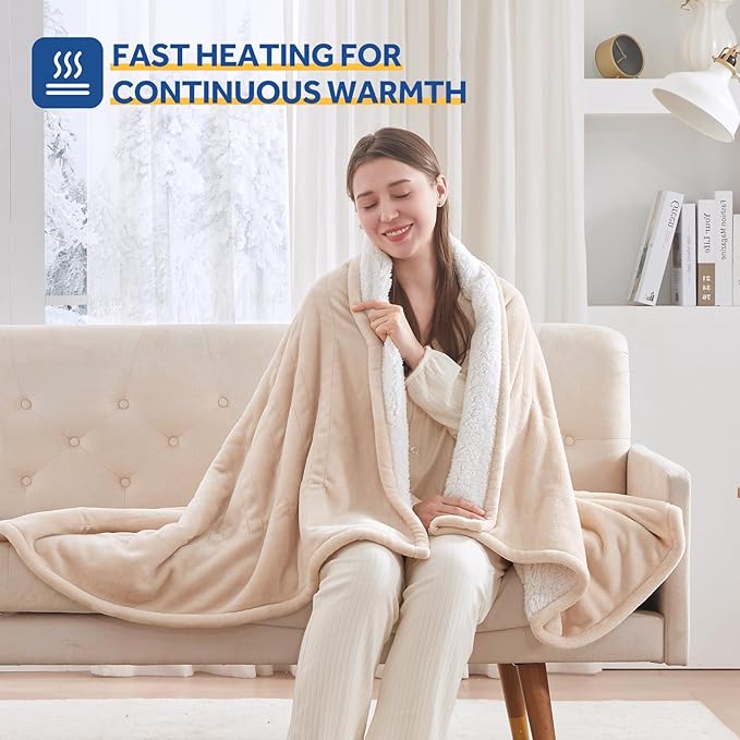 Sealy Electric Blanket Throw Size 50"*60",Super Cozy Flannel to Sherpa Reversible Heated Blanket Throw with 6 Heating Levels & 2-10 Hours Auto Off Overheating Protection Machine Washable,Beige-Ruum Studio Home