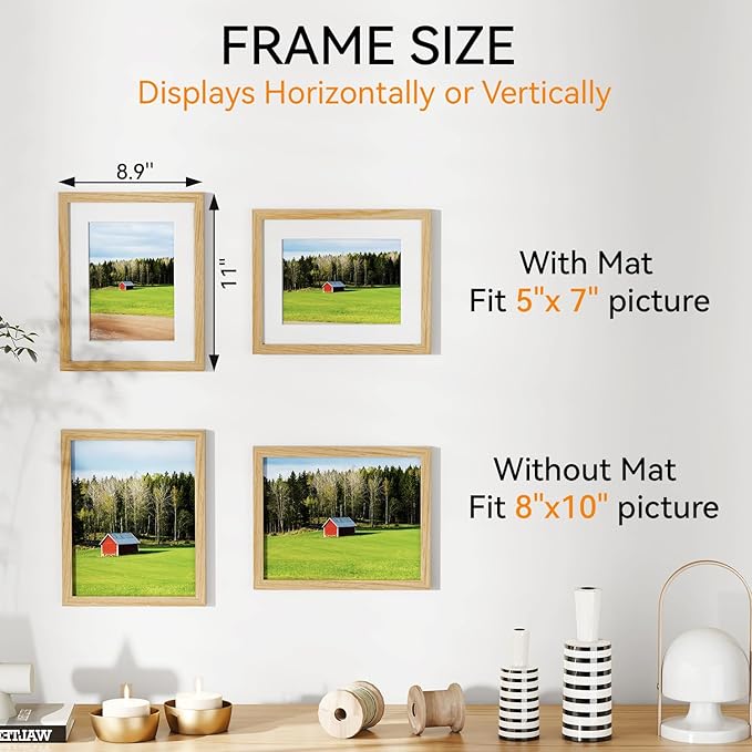 IBUYKE 8x10 Picture Frame,Set of 3,Solid Oak Wood 8x10 Photo Frame with Mat to 5x7,10x8 Picture Frames With Tempered Glass,Tabletop or Wall Mount Display,Home Decor,Natural Oak 8 x 10 Frame,UWPF0810N-3-Ruum Studio Home