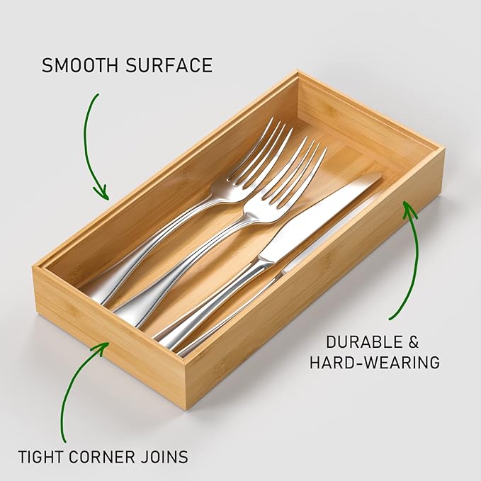 Silverware Tray for Drawer, Stackable Kitchen Bamboo Drawer Organizer 12" x 6" x 2" Set of 2-Ruum Studio Home