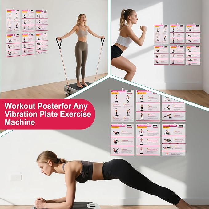Vibration Plate Exercise Machine Poster - Upgraded 6 Workout Guidance & 10 Pcs Planner & 10 Pcs Double-Sided Clips, Comprehensive Whole Body Wave Vibrating Workout Chart, Pink-Ruum Studio Home