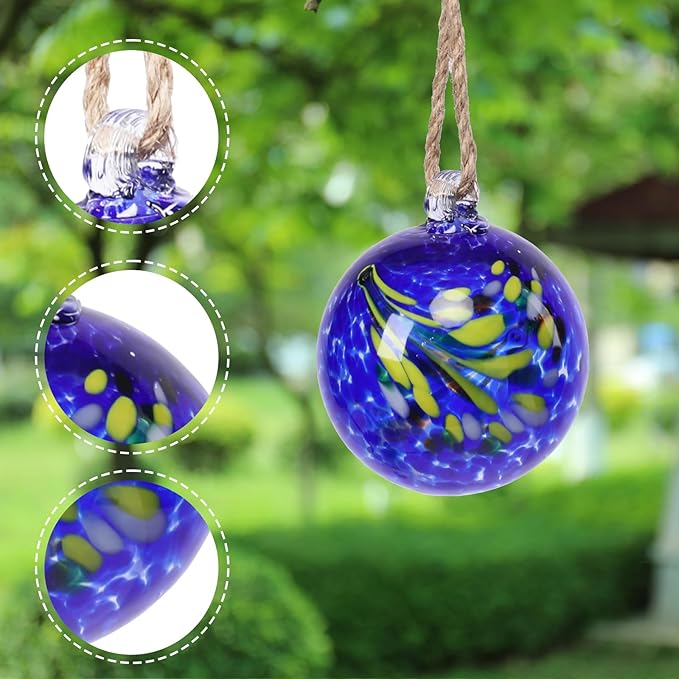 VCUTEKA Hanging Garden Gazing Ball, Hand-Blown Glass Witch Ball for Outdoor Garden Décor, 6" Blue Swirl-Ruum Studio Home
