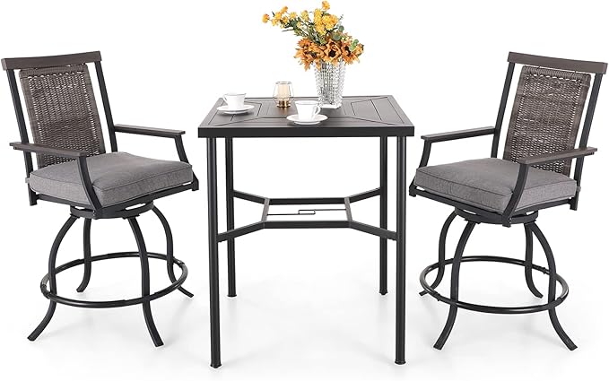 PHI VILLA 3 PCS Patio Bar Set, Bar Height Chair with 3.5" Thicker Cushion & Retro-Metal Square Table,Sturdy and Durable,Outdoor Height Bar Dining Set for Poolside,Yard-Ruum Studio Home