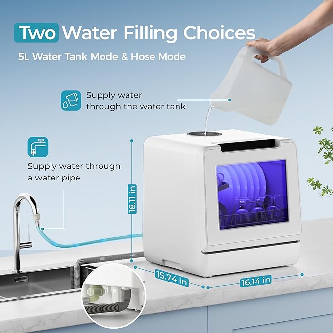 EUHOMY Portable Dishwasher Countertop Dishwashers, 8 Programs Mini Dishwasher, 5L Built-in Water Tank and Inlet hose, Self Clean, Baby Care, Air Dry Function, for Apartments & RVs, No Hookup Needed-Ruum Studio Home