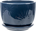 MyGift 7 Inch Round Blue Ceramic Plant Pot with Drainage Hole and Attached Saucer, Modern Decorative Embossed Sunburst Planter Container for Indoor Home Garden-Ruum Studio Home
