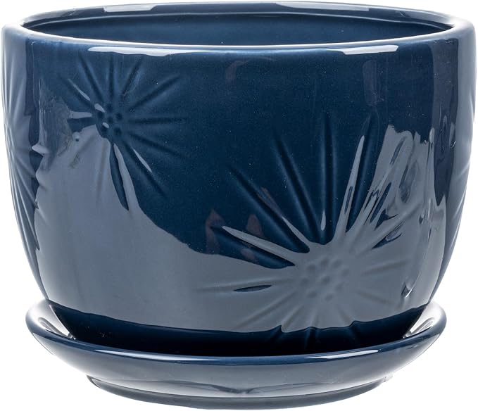 MyGift 7 Inch Round Blue Ceramic Plant Pot with Drainage Hole and Attached Saucer, Modern Decorative Embossed Sunburst Planter Container for Indoor Home Garden-Ruum Studio Home