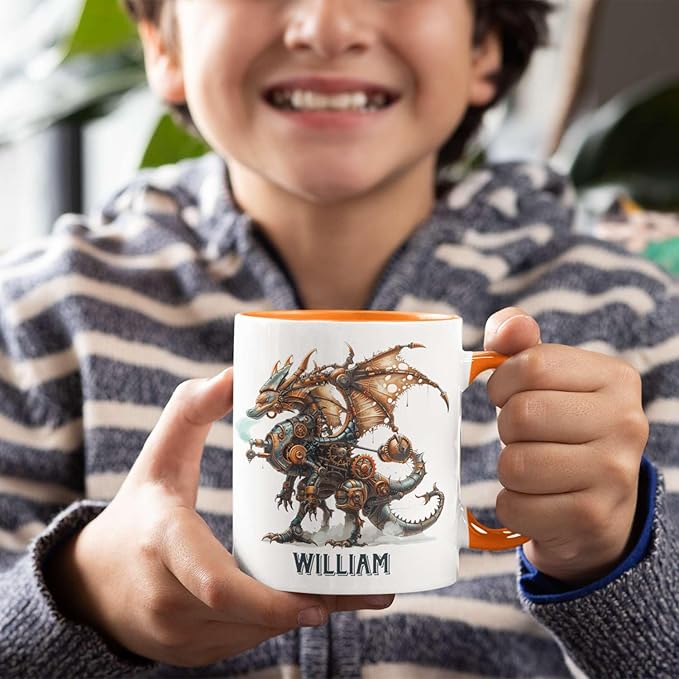 Personalized Name Dragon Lover Ceramic Mug 15oz, Custom Mechanical Dragon Design Coffee Cup, Unique Dragon Mug Gift For Fantasy Enthusiasts, Customized Kid Cup On Birthday, Holiday-Ruum Studio Home