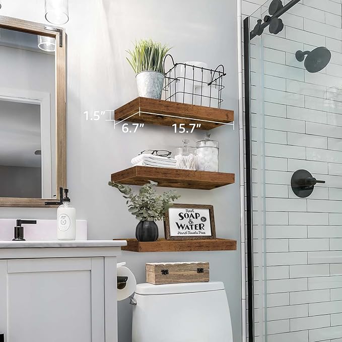 QEEIG Floating Shelves for Wall Bathroom Shelf Bedroom Kitchen Living Room Hanging Book Shelves Small Farmhouse Decor 16 inch Set of 3, Rustic Brown (015-BN3)-Ruum Studio Home