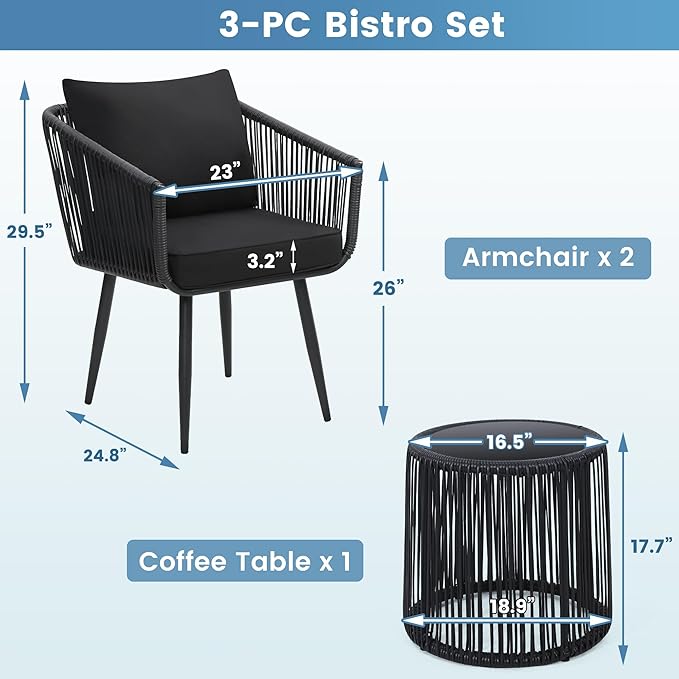 Kromax 3 Pieces Patio Rattan Bistro Conversation Set, Outdoor All-Weather Wicker Furniture Chairs and Side Table Set Ideal for Balcony, Porch and Backyard, Black-Ruum Studio Home