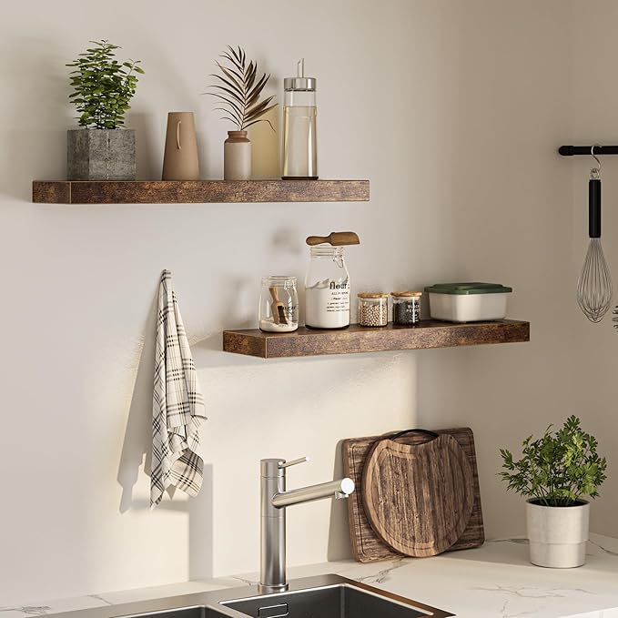 Floating Shelves for Wall, 31.5"W x 6.7"D x 1.5"H, Wooden Wall Mounted Display Shelf with Invisible Brackets for Living Room, Bedroom, Bathroom, Kitchen Decor & Storage, Set of 2, Rustic Brown-Ruum Studio Home