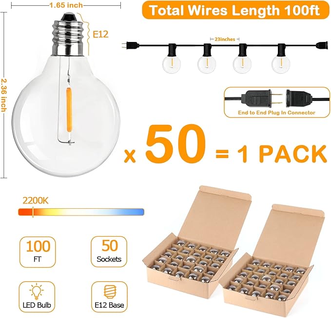 VerRon 100FT LED G40 Globe String Lights, Waterproof Shatterproof Outdoor Patio Lights with 50+2 Dimmable Edison Bulbs, Backyard Hanging Light, Warm White for Bistro Party Wedding Deck Garden-Ruum Studio Home
