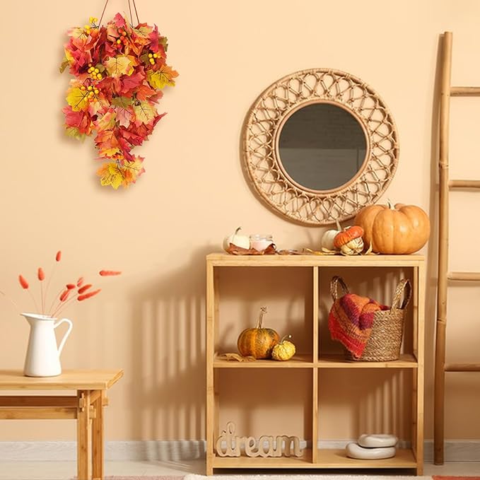 RECUTMS Fall Leaves Hanging Plant Artificial Fall Leaves Garland with Berry Fake Autumn Wall Hanging Leaf Vines for Home Halloween Party Door Frame Fireplace Decoration(Orange with Berry)-Ruum Studio Home