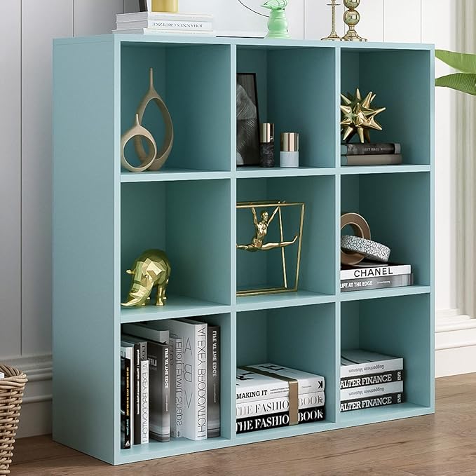 9-Cube Storage Shelf Bookcase - Wooden 3-Tier Floor Standing Open Bookshelf for Home and Office, Display Cabinet, Light Blue-Ruum Studio Home