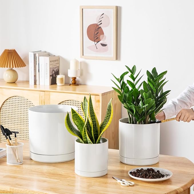vancasso Ceramic Planters, Plant Pots for Indoor Plants, 6.25+8.25+10.25 Inch Ceramic Pots for Plants, Flower Pots with Drainage Holes, Planters Pot for Indoor House Plant, Set of 3, White-Ruum Studio Home