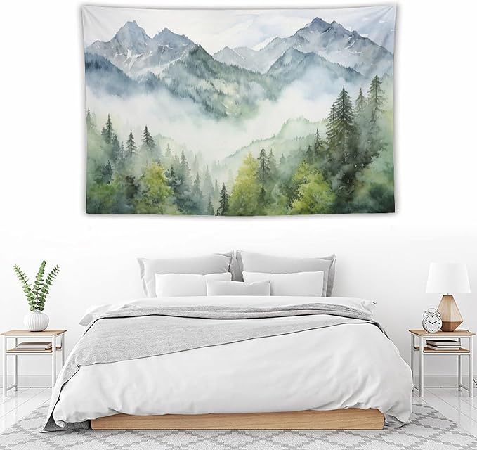 HZOHNAGO Mountain Tapestry Misty Green Forest Mountain Pattern Printed Wall Tapestry Wall Hanging for Bedroom Living Room Dorm 90" W x 60" H-Ruum Studio Home