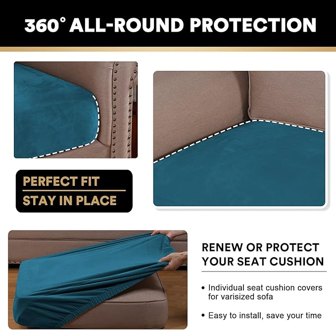 PrinceDeco Stretch Sofa Cushion Covers for Couches and Sofas,Soft Velvet Couch Seat Covers, Sofa Covers Washable, Seat Cushion Cover for 3 Couch Sofa Pet Friendly - Deep Teal, Each Width Up to 29.5"-Ruum Studio Home