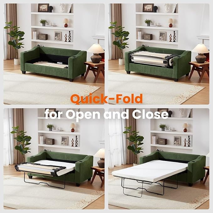Pull Out Sofa Bed, Full Size Sleeper Sofa, 2-in-1 Convertible Corduroy Couch with USB Charging, Memory Form Couch for Living Room, Apartment and Small Space (Green, Corduroy - Full Size)-Ruum Studio Home