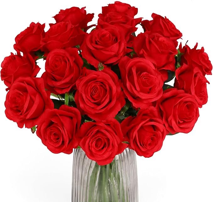 Red Fake Roses Artificial Flowers - 16 Pcs Fake Artificial Roses Silk Flowers with Stems for Home Wedding Hotel Office Centerpiece Decor-Ruum Studio Home