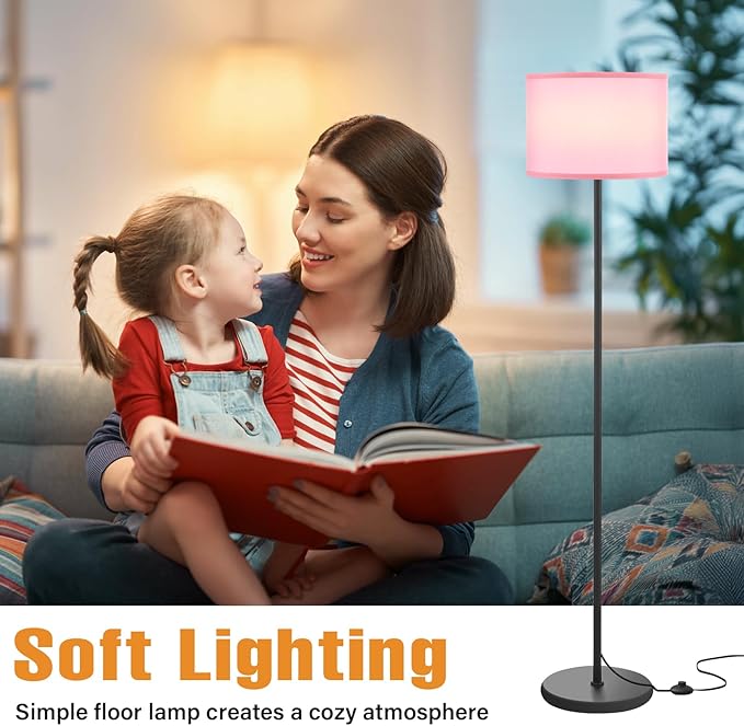 Ambimall 60'' Modern Floor Lamp with Shade, Tall Lamps for Living Room, Bedroom, Office, Dining Room, Pink Shade with Black Pole(Without Bulb)-Ruum Studio Home