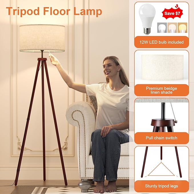LiteHistory Wood Tripod Floor Lamps for Bedroom, Living Room, and Office, Corner lamp with Beige Linen Shade, 12W Three-Color Bulb Included, Pull Chain Switch, Gifts for mom for Home Decor, Walnut-Ruum Studio Home