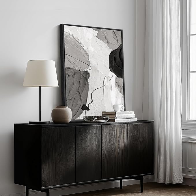 Framed Black and White Abstract Canvas Wall Art, Large Modern Art Prints Paintings Artwork for Walls, Minimalist Gray Pictures for Living Room Bedroom Dining Room Office Bathroom Wall Decor 24x36 In-Ruum Studio Home