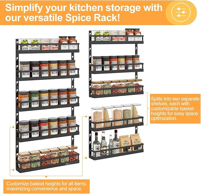 X-cosrack 5-Tier Small Wall-Mounted Spice Rack Organizer, Height-Adjustable, Space-Saving Compact Design for Kitchen Pantry Cabinet, Black-Ruum Studio Home