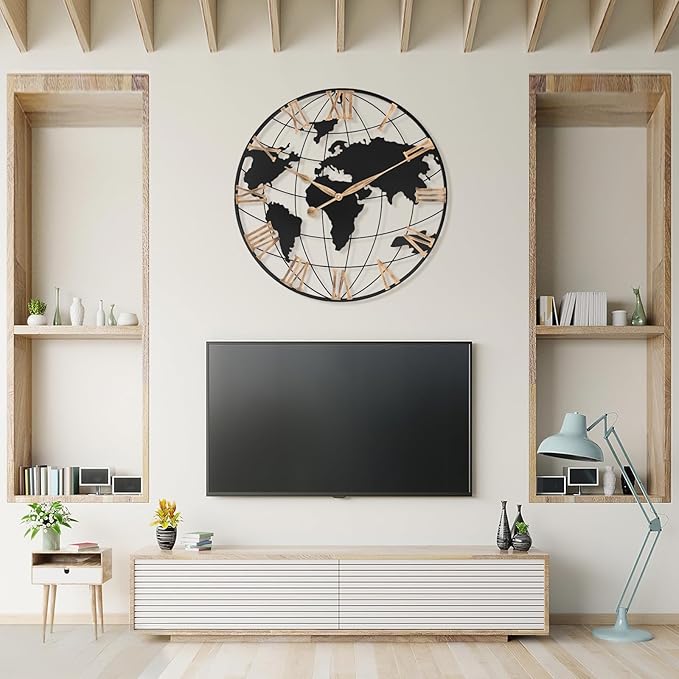 30 Inch Extra Giant Large Wall Clock Oversized,Black Big Metal Modern Decorative Silent World Map Wall Clock with Vintage Gold Roman Numeral for Office,Living Room,Kitchen,Dining Room Decor-Ruum Studio Home