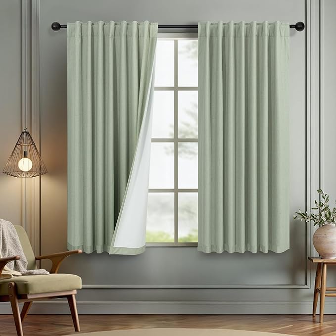 Green Country Kitchen Curtains 45 Inch Length Short Small Basement Window Blackout Cooling Curtains for Summer Heat Linen Cafe Bathroom Classroom Dorm RV Camper Sage Green Drapes with White Backing-Ruum Studio Home