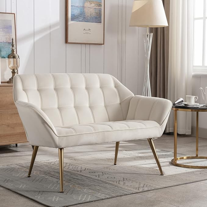 48" Small Loveseat for Small Spaces, Modern Sherpa Mini Sofa Couch 2-Seater Velvet Love Seat with Quilting Back and Gold Legs for Living Room/Bedroom, Cream-Ruum Studio Home