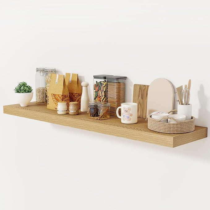 Fun Memories 55 Inch Floating Shelves, 12 Inch Deep Floating Shelf for Wall, 55 x 12 Large Floating Shelves for Fireplace Mantel, 2 Inch Thick Wall Shelf for Living Room, Bedroom, Oak Color, 1 Pack-Ruum Studio Home