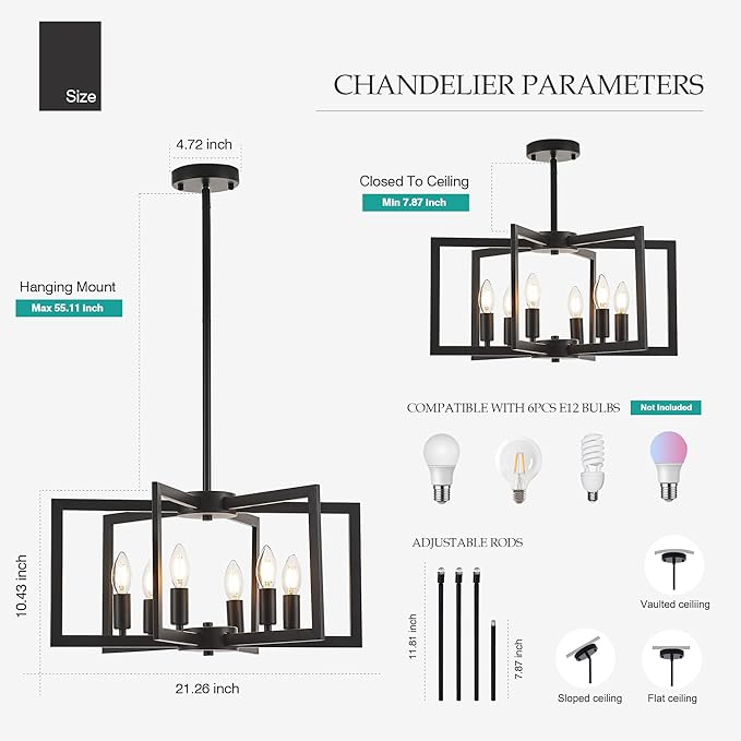 Modern Farmhouse Black Chandeliers for Dining Room, 6-Light Industrial Metal Chandeliers Geometric Pendant Lights Kitchen Island for Entryway Stairway Foyer Hallway-Ruum Studio Home