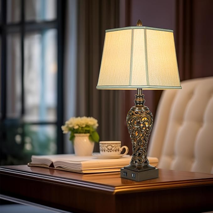 28.5" high Vintage Brown Table Lamps Set of 2 - Bedside Lamp with Faux Silk Shades - for Bedroom and Living Room with USB and Nightlight - Perfect for Nightstands and Bedrooms (Bulb Included)-Ruum Studio Home