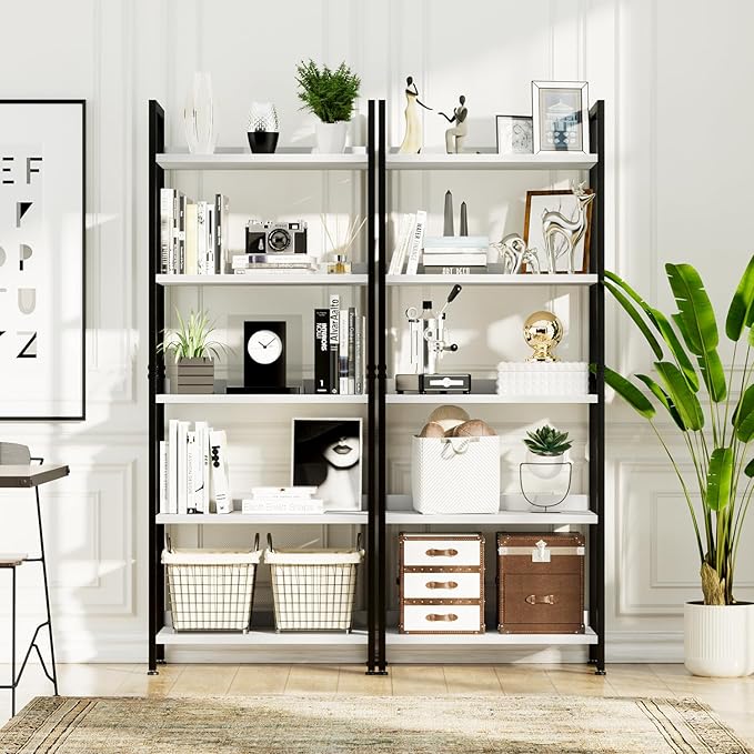 NUMENN Bookshelf, 5 Tier Bookshelves, Home Office Bookcase Shelf Storage Organizer, Free Standing Storage Shelving Unit for Bedroom, Living Room and Home Office, White&Black-Ruum Studio Home